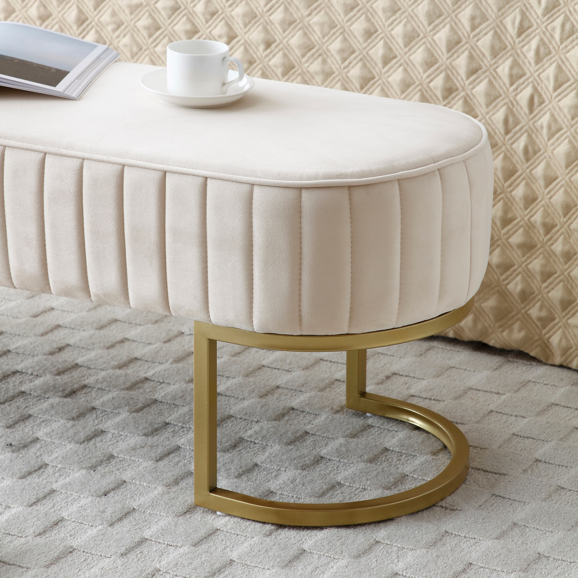 Bench Bedroom Bench ,Velvet Oval Upholstered End Of Bed Bench With Golden Metal Legs ,48" Modern Storage Ottoman Bench For BedroomLiving Room, Entryway Window ,Begie_voghion.com